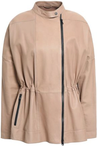 Shop Brunello Cucinelli Woman Knit-paneled Leather Jacket Neutral