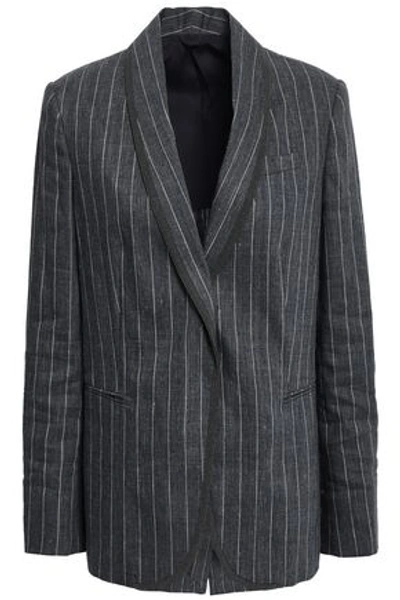 Shop Brunello Cucinelli Bead-embellished Pinstriped Linen-blend Blazer In Dark Gray