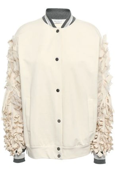 Shop Brunello Cucinelli Appliquéd French Cotton-blend Terry Bomber Jacket In Ivory