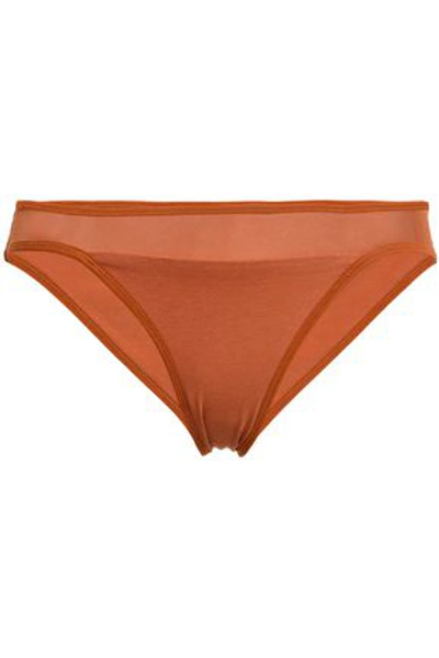 Shop Skin Woman Mesh-trimmed Stretch-cotton Jersey Mid-rise Briefs Tan