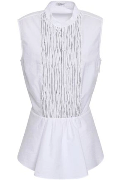 Shop Brunello Cucinelli Woman Bead-embellished Shirred Cotton-poplin Peplum Shirt White