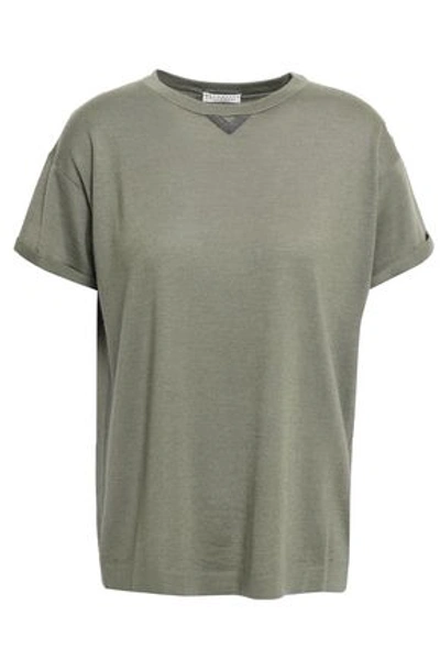 Shop Brunello Cucinelli Woman Bead-embellished Cashmere And Silk-blend T-shirt Army Green