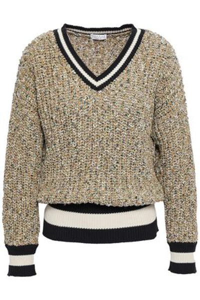 Shop Brunello Cucinelli Woman Intarsia-trimmed Marled Cotton-blend Sweater Beige In Mushroom