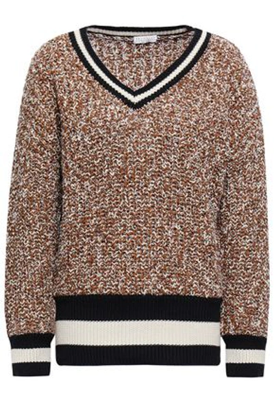 Shop Brunello Cucinelli Woman Intarsia-trimmed Marled Cotton-blend Sweater Camel