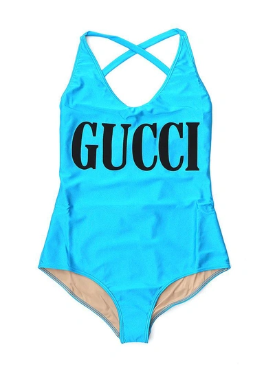 Shop Gucci Print Cross Back Swimsuit In Blue