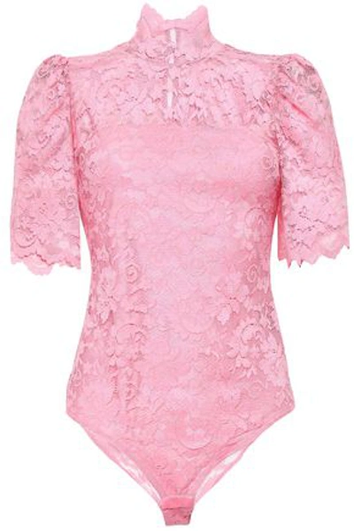 Shop Ganni Gathered Lace Turtleneck Bodysuit In Baby Pink