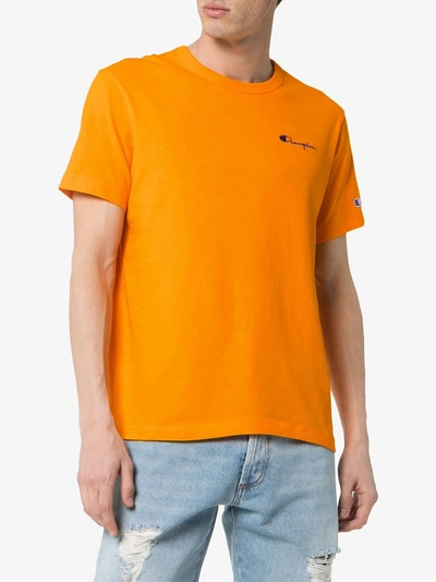 Shop Champion Logo Embroidered Cotton T-shirt In Orange