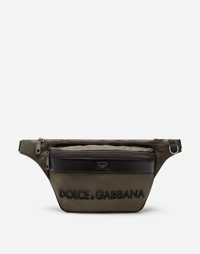 Shop Dolce & Gabbana Street Pouch In Nylon With Rubberized Logo In Green