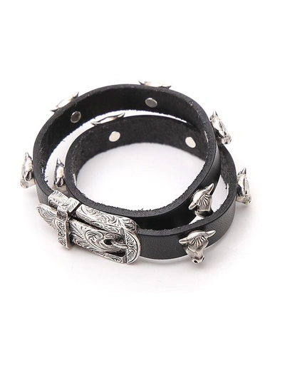 Shop Gucci Bull Head Leather Wrap Bracelet In Black