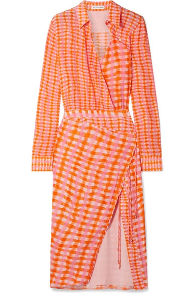 Shop Altuzarra Constantina Wrap-effect Checked Silk Crepe De Chine Midi Dress In Orange