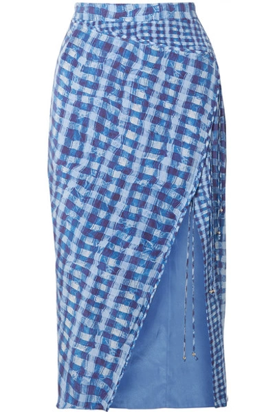 Shop Altuzarra Cicero Wrap-effect Checked Silk Crepe De Chine Midi Skirt In Blue