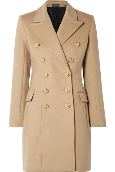 Shop Balmain Double-breasted Wool And Cashmere-blend Coat In Beige
