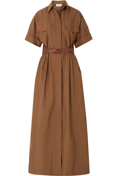 Shop Brunello Cucinelli Belted Crinkled Cotton-blend Maxi Dress In Brown
