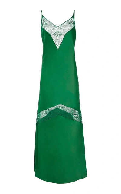 Shop Marina Moscone Lace-trimmed Satin Slip Midi Dress In Green