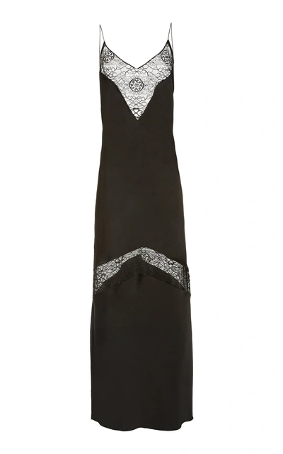 Shop Marina Moscone Lace-trimmed Satin Slip Midi Dress In Black