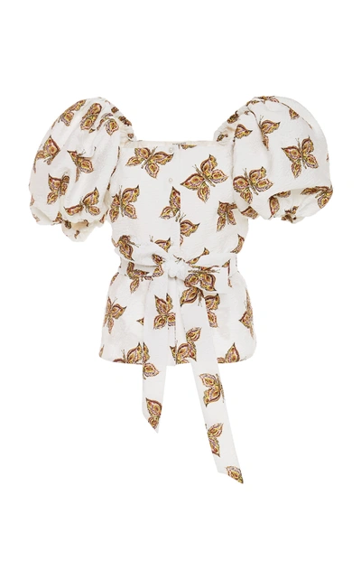 Shop Rodarte Butterfly-print Belted Cloqué Blouse In White