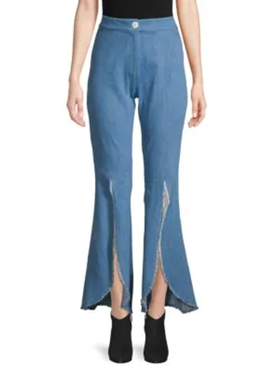 Shop Petersyn Malibu Slit-front Raw-edge Flare Jeans In Rinse Denim