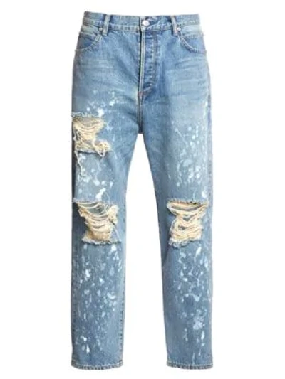 Shop Balmain Men's Straight-leg Distressed Graffiti Jeans In Indigo