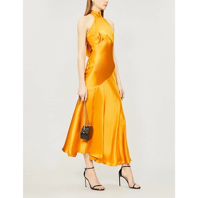 Shop De La Vali Vivienne Halterneck Asymmetric Silk-satin Midi Dress In Orange