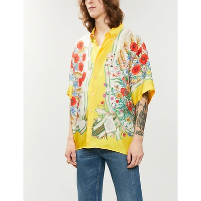 Shop Gucci Floral-print Oversized Silk-twill Shirt In Yellow