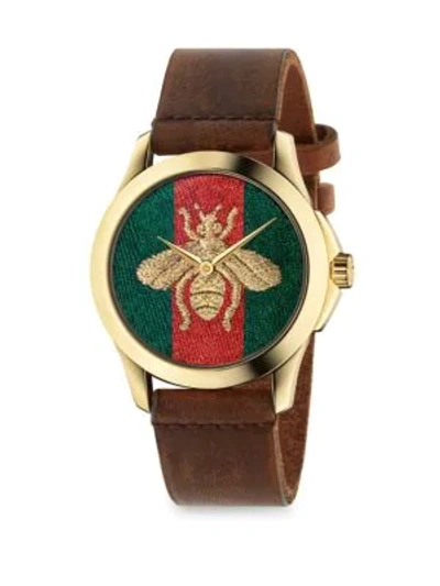 Shop Gucci G-timeless Embroidered Bee Goldtone Stainless Steel And Leather Strap Watch In Cognac Multi
