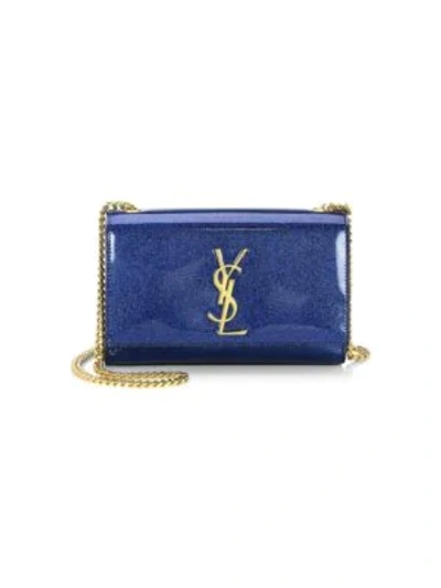 Shop Saint Laurent Small Kate Glitter Patent Leather Shoulder Bag In Cobalt