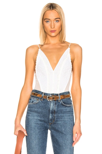 Shop Jonathan Simkhai Mixed Knit Lace Bodysuit In White