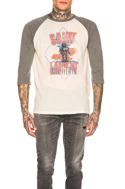 Shop Saint Laurent Graphic Long Sleeve Tee In Green,neutral In Natural & Grey