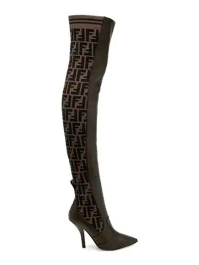 Shop Fendi Women's Rockoko Over-the-knee Knit Leather Sock Boots In Dark Brown