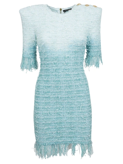 Shop Balmain Short Fringed Tweed Dress In Sao Turquoise/blanc