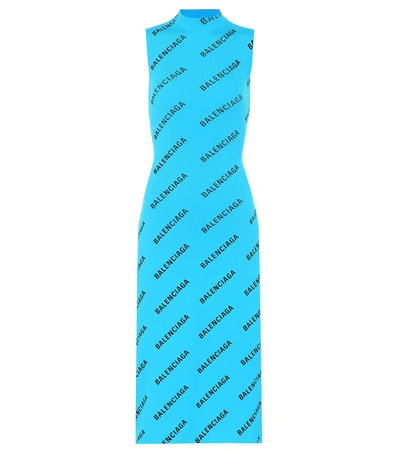 Shop Balenciaga Allover Logo Ribbed-knit Wrap Dress In Blue