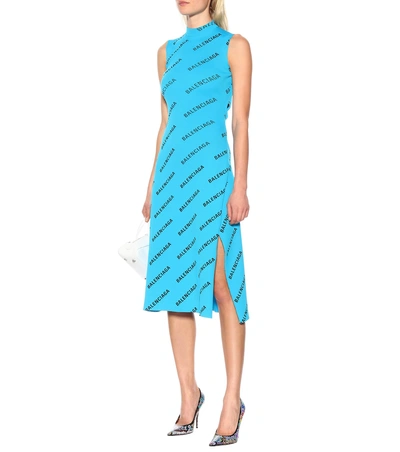 Shop Balenciaga Allover Logo Ribbed-knit Wrap Dress In Blue