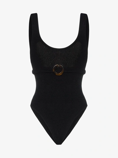 Shop Hunza G 'solitaire' Seersucker-badeanzug In Black