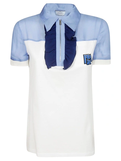 Shop Prada Ruffled Polo Shirt In White/azure