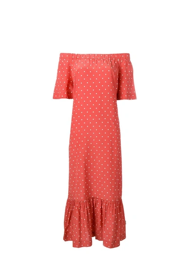 ASCENO OFF-SHOULDER POLKA DOT DRESS - 红色