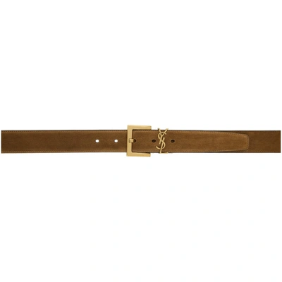 Shop Saint Laurent Tan And Gold Suede Square Monogramme Belt In 2330 Land
