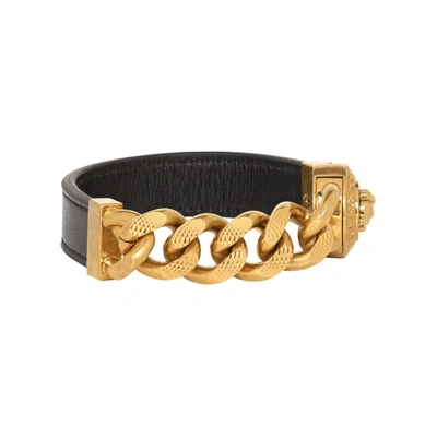 Shop Versace Black And Gold Leather Medusa Bracelet In K41t Go/blk