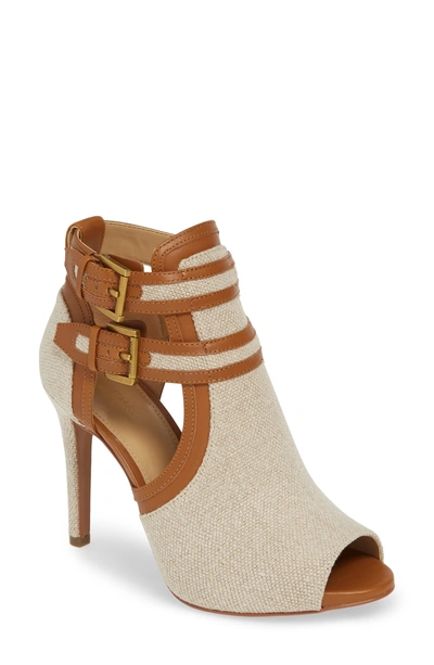 Shop Michael Michael Kors Blaze Peep Toe Buckle Bootie In Beige Fabric/ Brown Leather