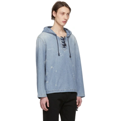 Shop Saint Laurent Blue Denim Destroyed Hoodie In 4161drtsnbl