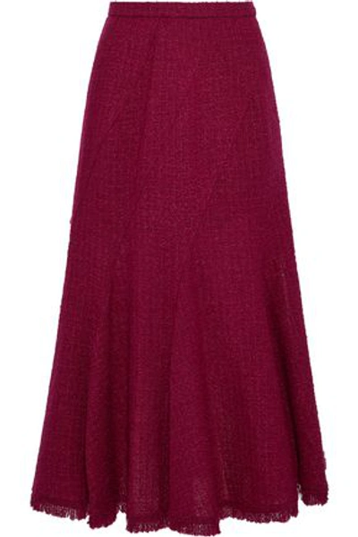 Shop Oscar De La Renta Fluted Wool-blend Bouclé-tweed Midi Skirt In Plum