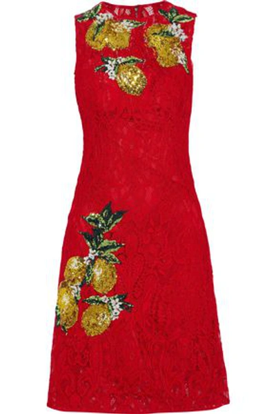 Shop Dolce & Gabbana Woman Sequin-embellished Corded Lace Dress Red
