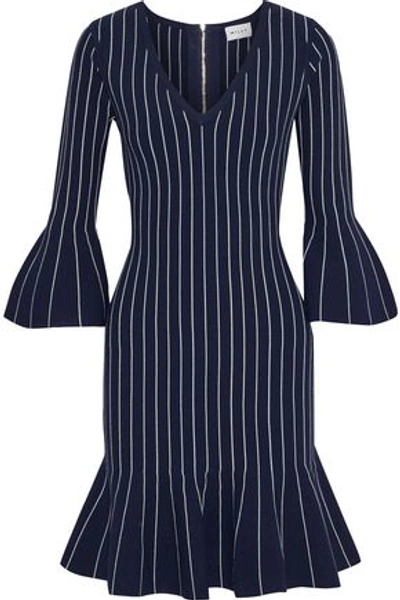 Shop Milly Woman Fluted Pinstriped Stretch-knit Mini Dress Navy
