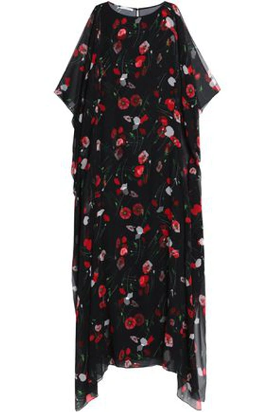 Shop Oscar De La Renta Woman Floral-print Draped Silk-blend Chiffon Maxi Dress Black