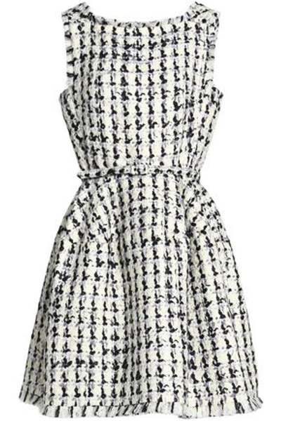 Shop Oscar De La Renta Woman Belted Wool And Cotton-blend Bouclé-tweed Mini Dress Ivory