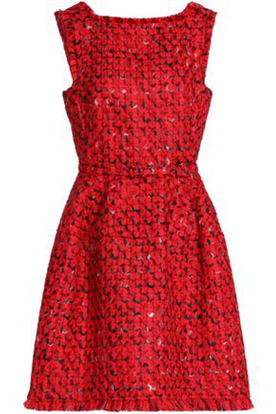 Shop Oscar De La Renta Belted Wool And Cotton-blend Bouclé-tweed Mini Dress In Red