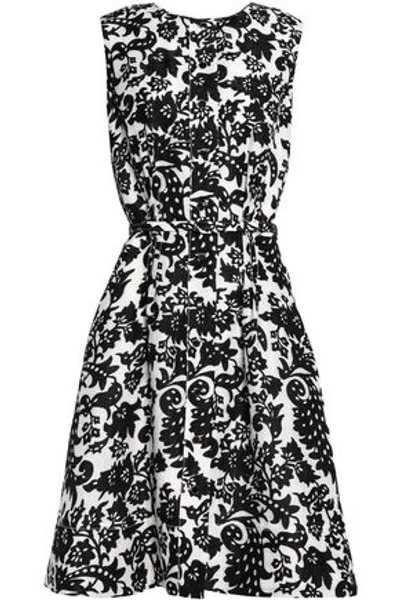 Shop Oscar De La Renta Pleated Silk And Wool-blend Jacquard Dress In Black