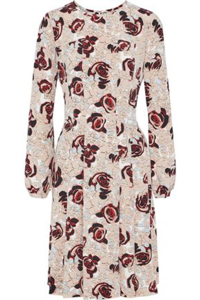 Shop Oscar De La Renta Woman Pleated Floral-print Silk Dress Beige