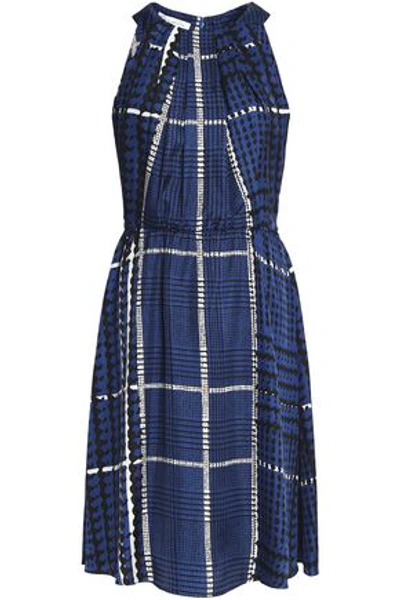Shop Oscar De La Renta Woman Pleated Checked Silk-twill Dress Royal Blue