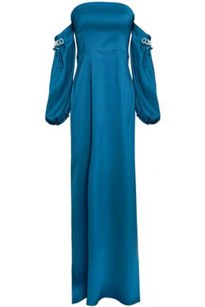 Shop Safiyaa Woman Off-the-shoulder Embellished Satin Gown Cobalt Blue