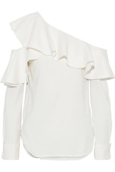 Shop Oscar De La Renta Woman Cutout Ruffled Silk-blend Top White